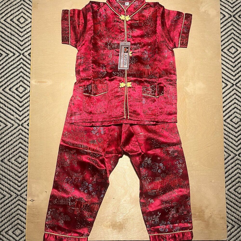 NOS VTG  SHANGHAI CHINA RED FLORAL CHINESE BROCADE 2PC TOP&PANT SET KID'S 4